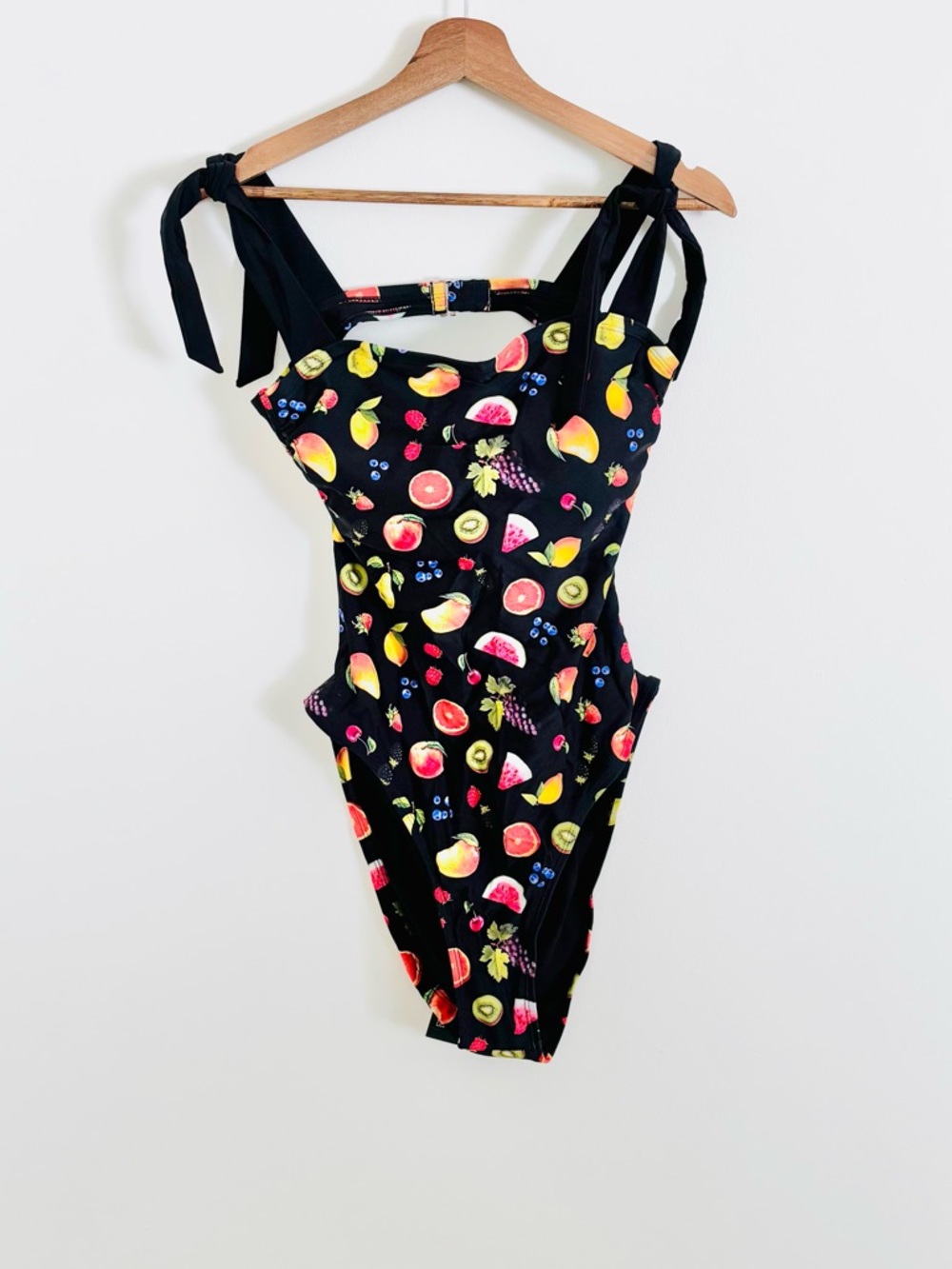 NWT Wild Fable Tie-Shoulder One-Piece Swimsuit in Black Fruit Print